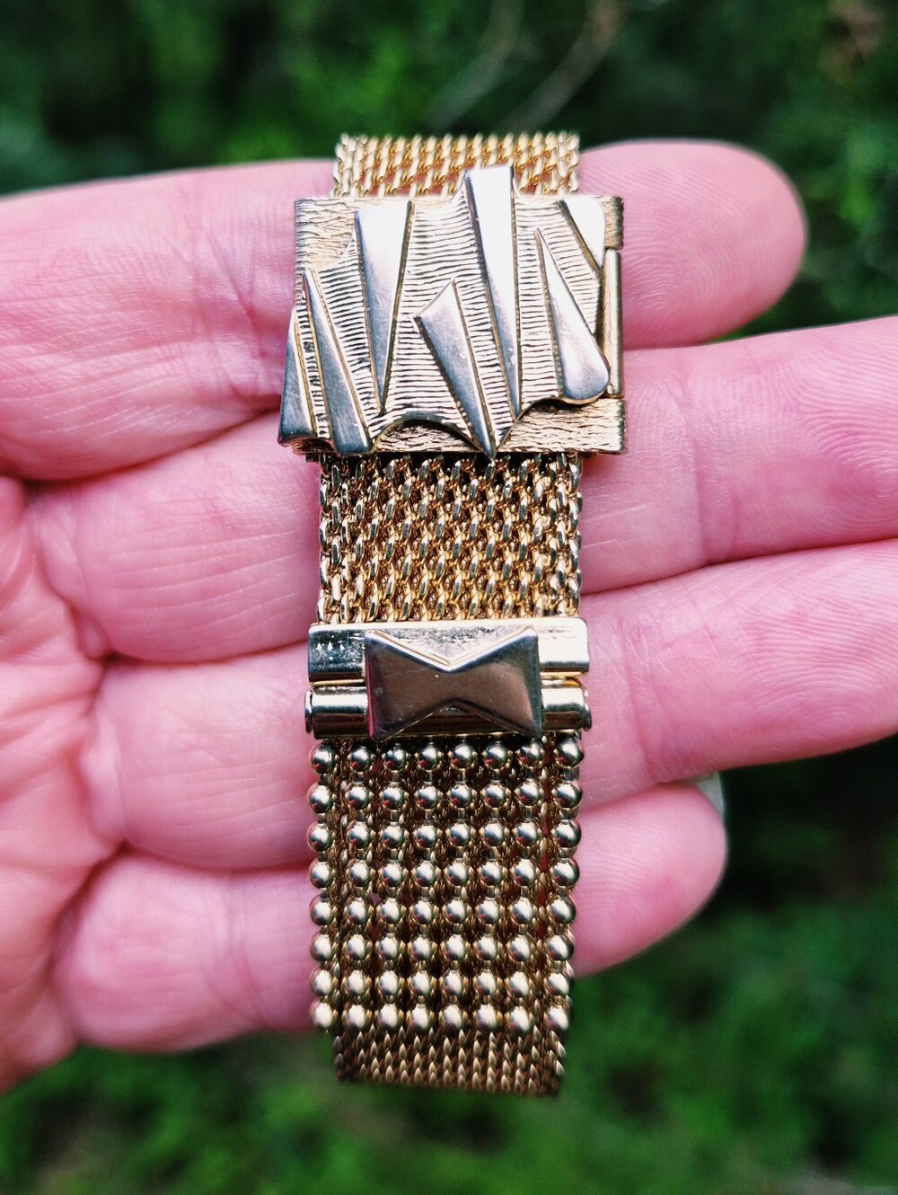 Vintage Victorian Revival Mesh Tassel Fringe Slide Bracelet Adjustable Gold Tone
